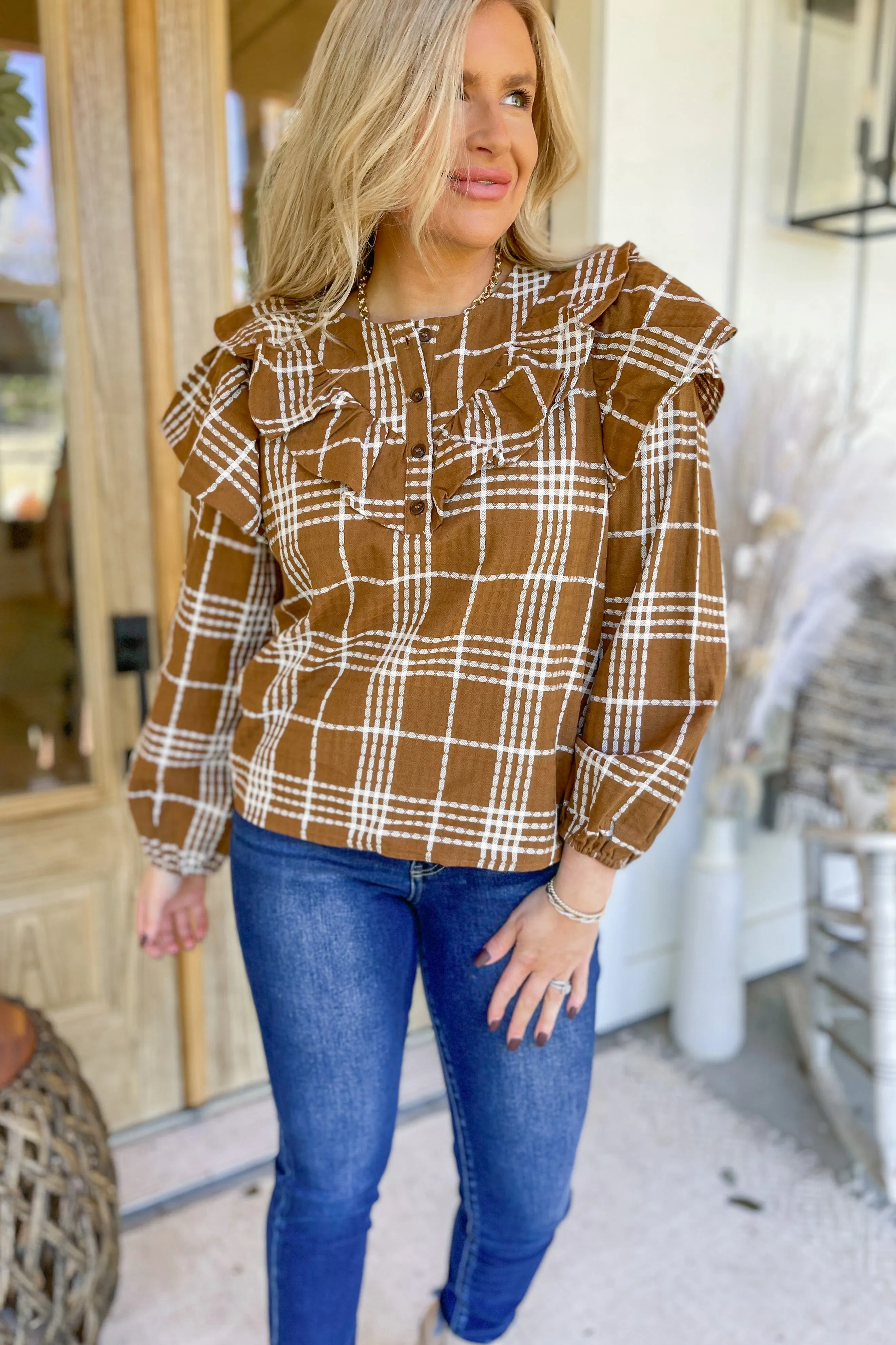 Geri Plaid Half Button Up Long Sleeve Ruffled Blouse Top
