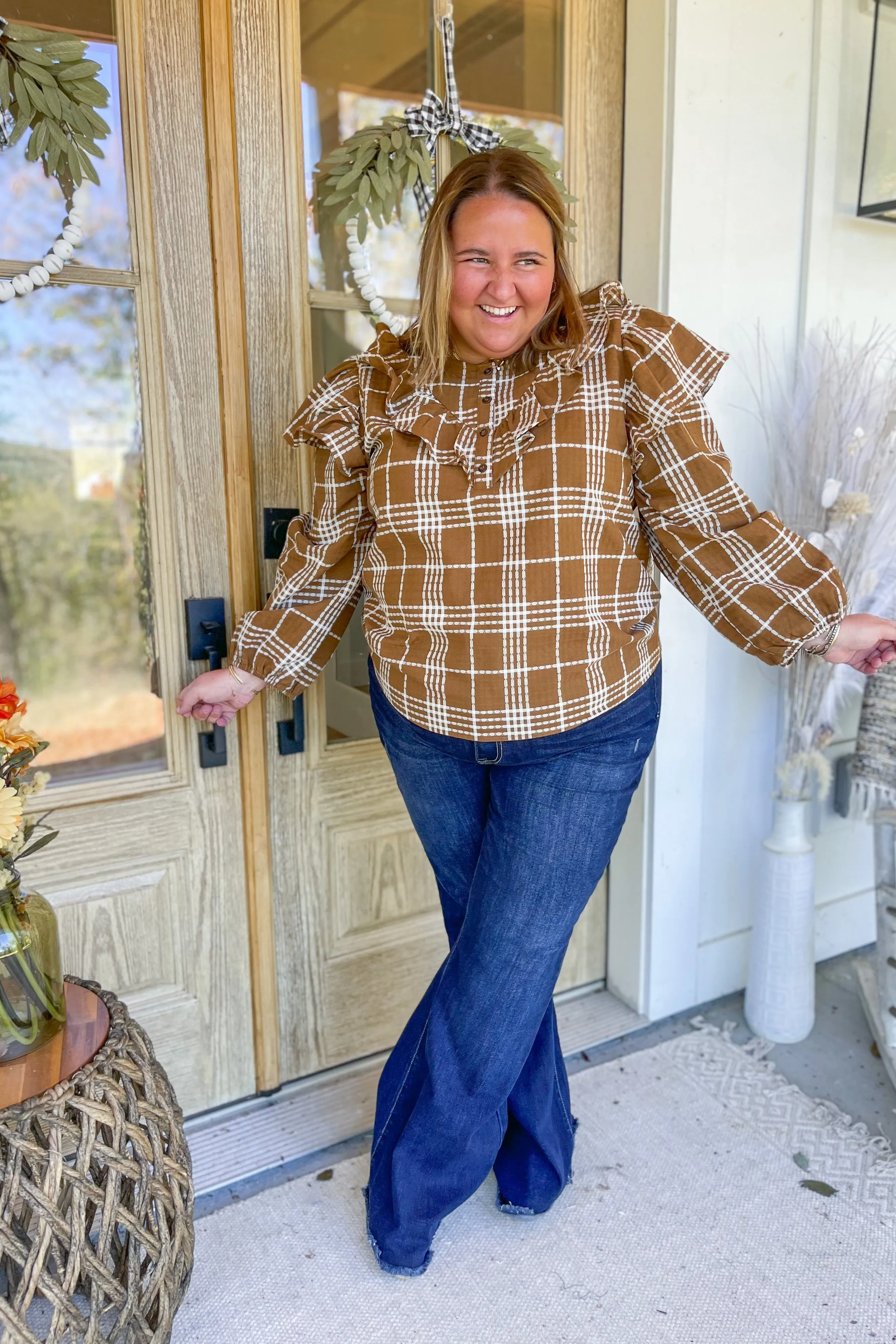 Geri Plaid Half Button Up Long Sleeve Ruffled Blouse Top