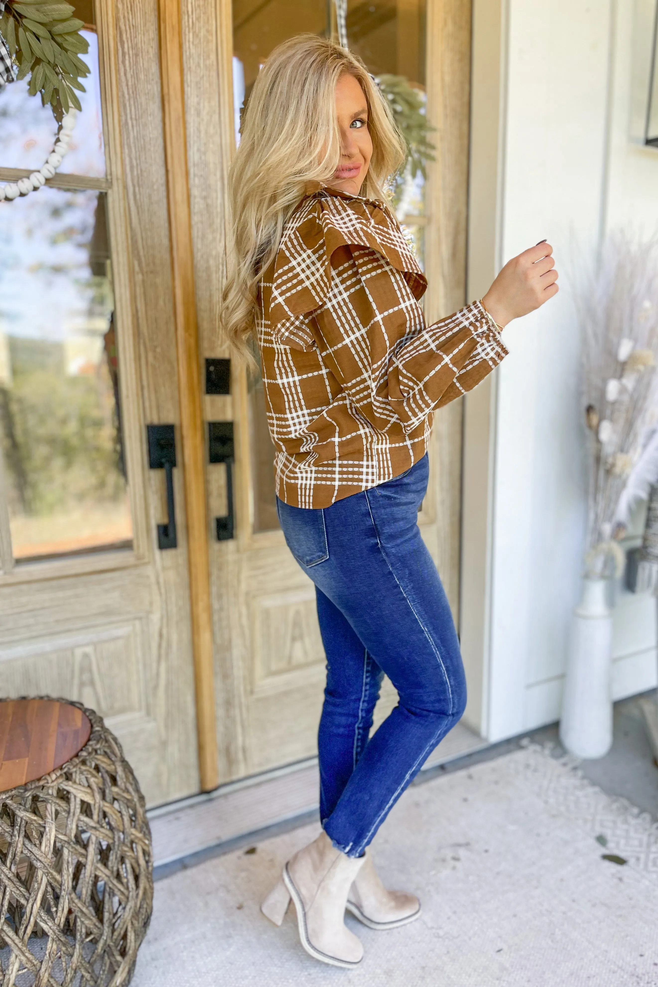 Geri Plaid Half Button Up Long Sleeve Ruffled Blouse Top