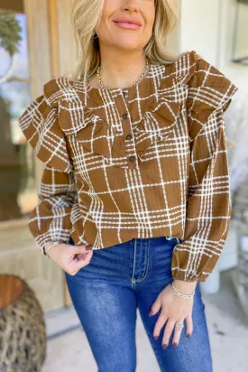 Geri Plaid Half Button Up Long Sleeve Ruffled Blouse Top