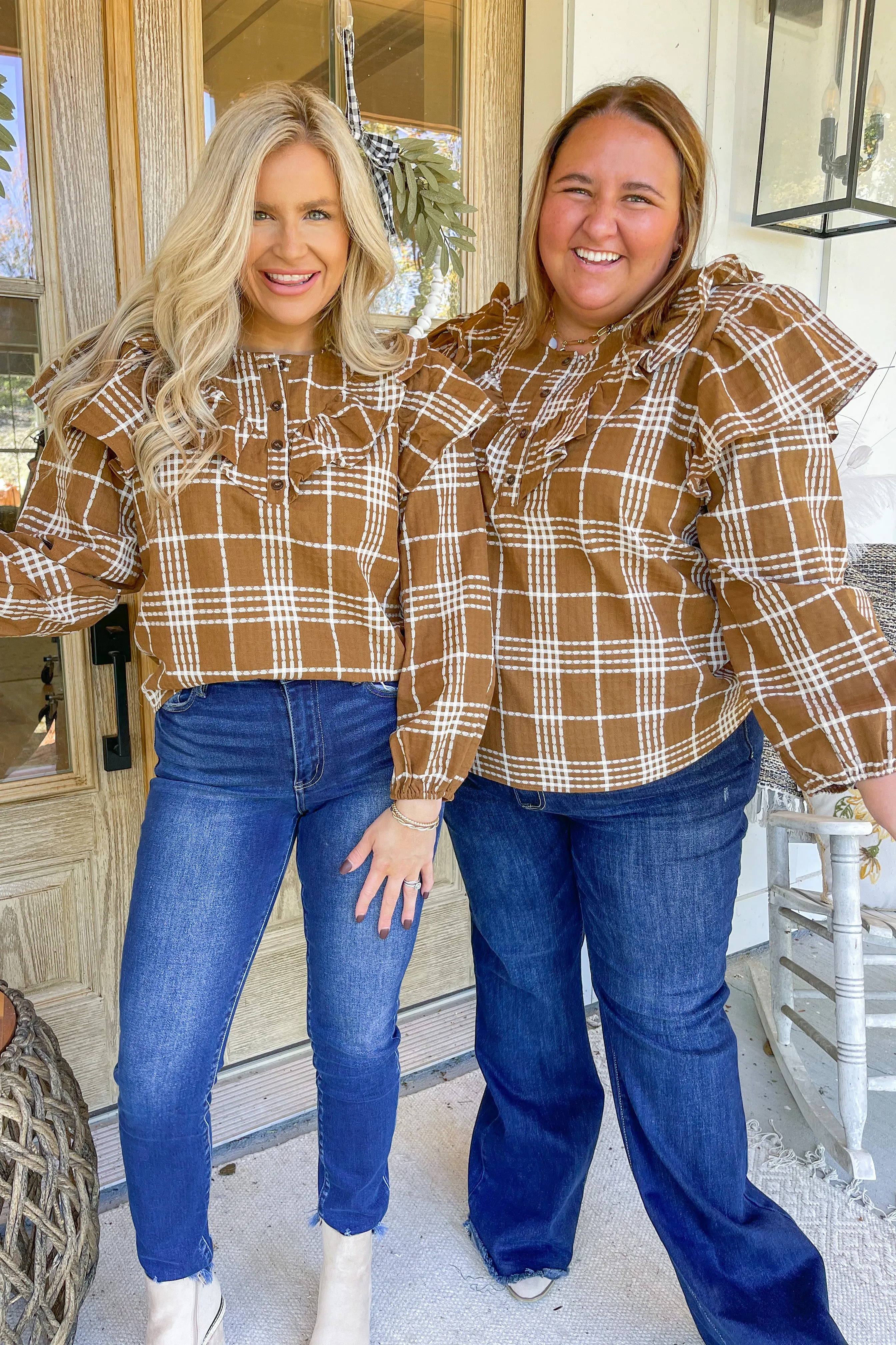 Geri Plaid Half Button Up Long Sleeve Ruffled Blouse Top