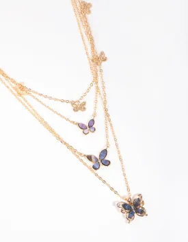 Gold Purple Butterfly Four-Row Necklace