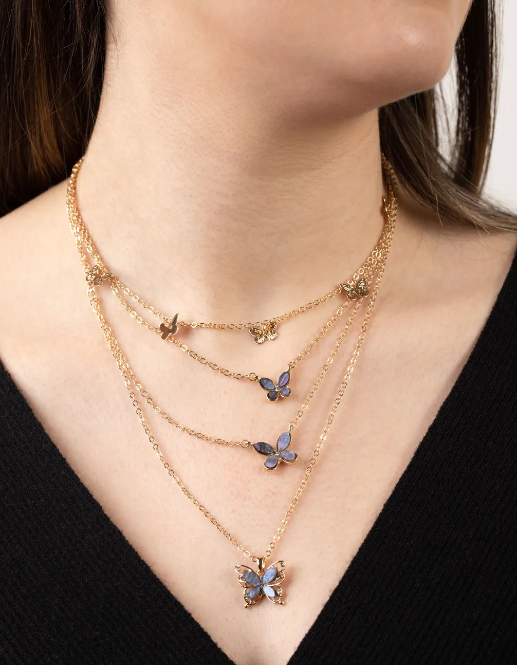 Gold Purple Butterfly Four-Row Necklace