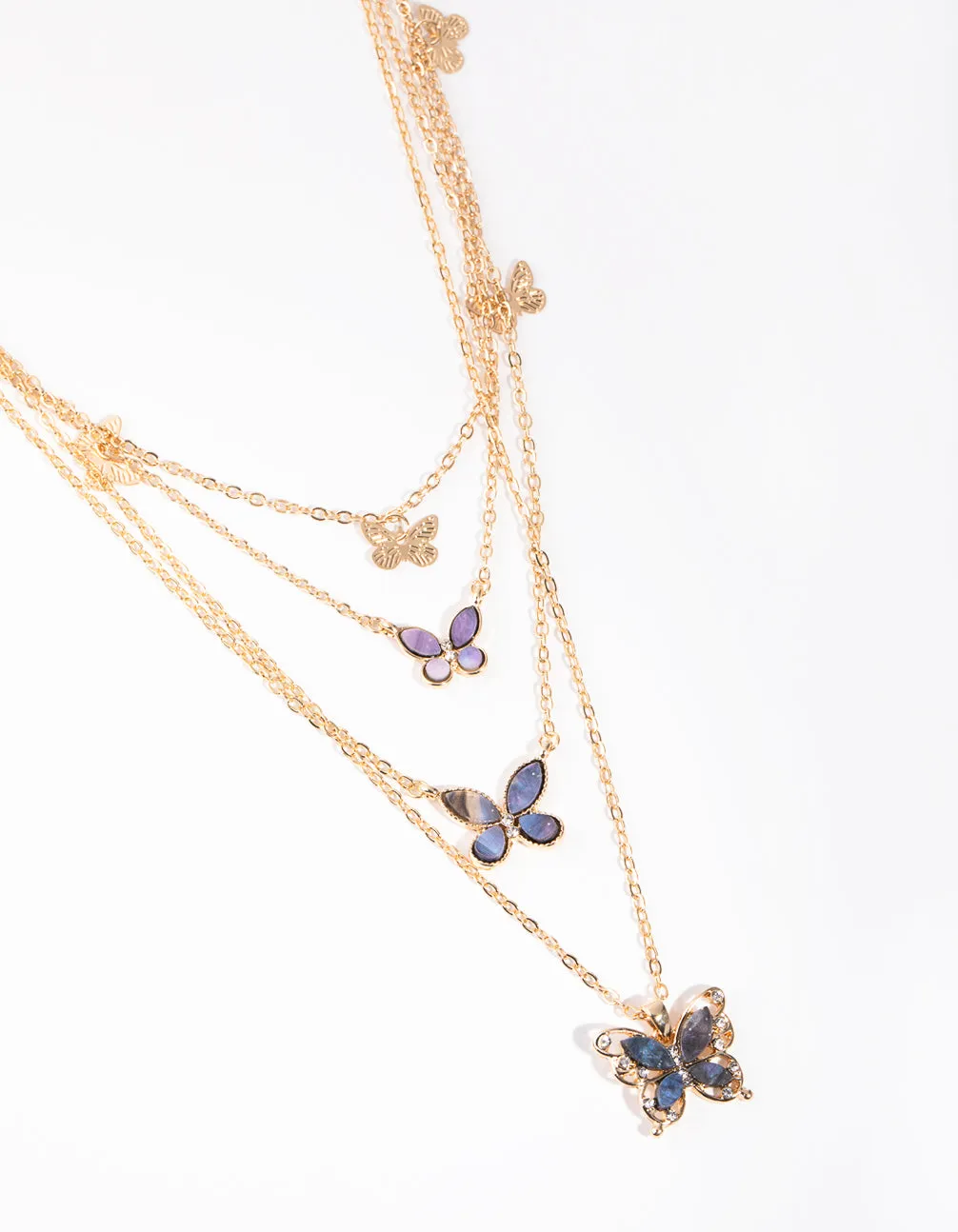 Gold Purple Butterfly Four-Row Necklace