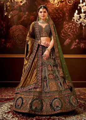 Green Velvet Hand Embroidered Bridal Lehenga Choli