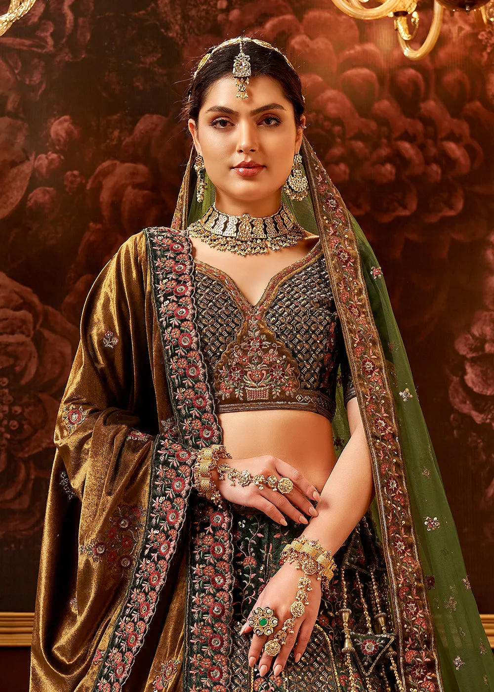 Green Velvet Hand Embroidered Bridal Lehenga Choli