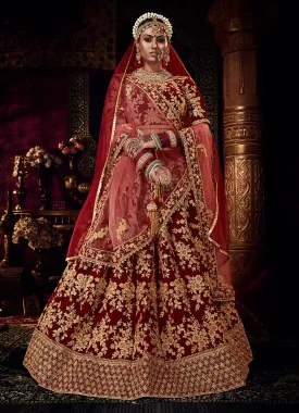 Heavy Embroidered Bridal Maroon Velvet Wedding Lehenga Choli