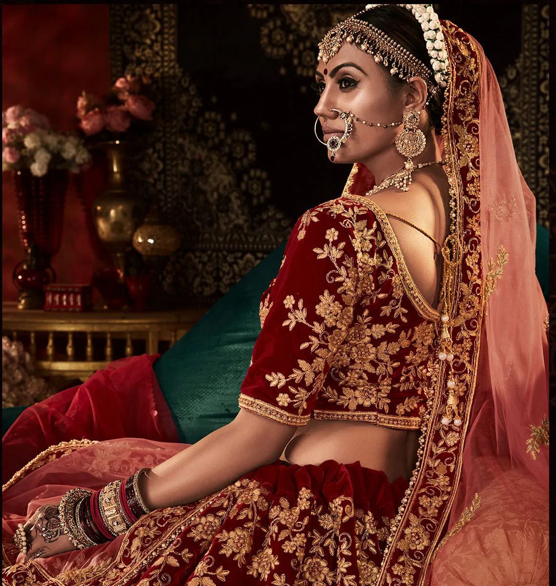 Heavy Embroidered Bridal Maroon Velvet Wedding Lehenga Choli