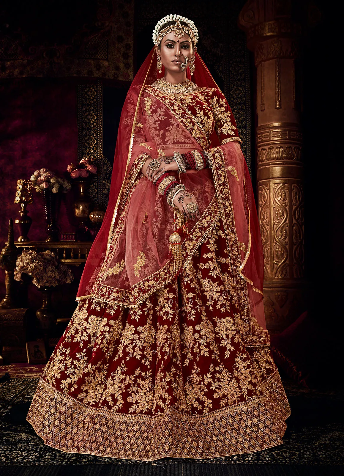 Heavy Embroidered Bridal Maroon Velvet Wedding Lehenga Choli
