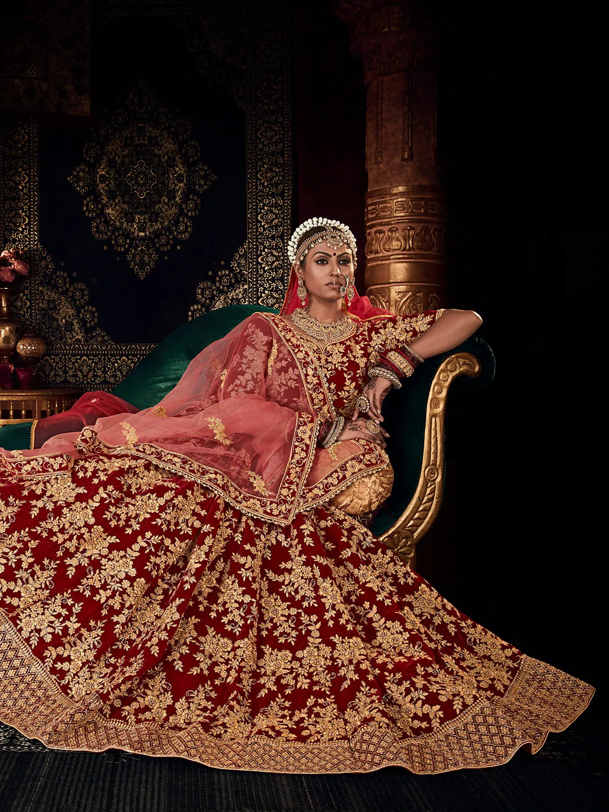 Heavy Embroidered Bridal Maroon Velvet Wedding Lehenga Choli