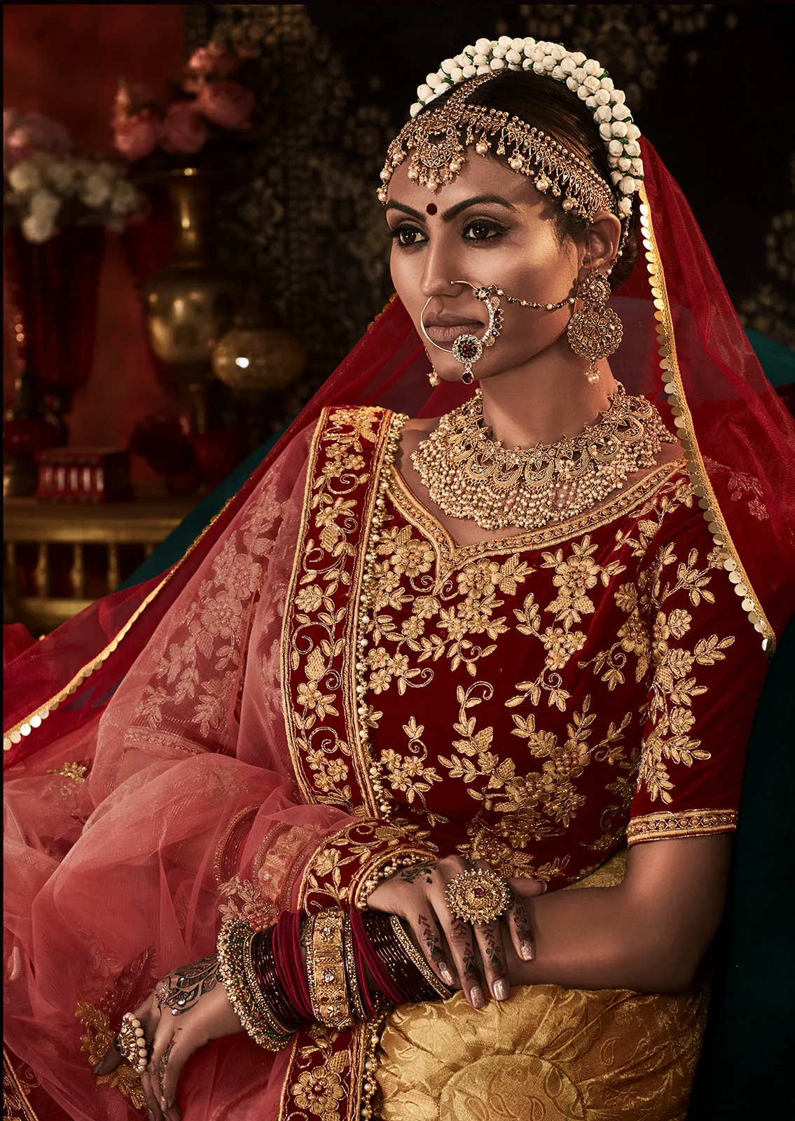 Heavy Embroidered Bridal Maroon Velvet Wedding Lehenga Choli