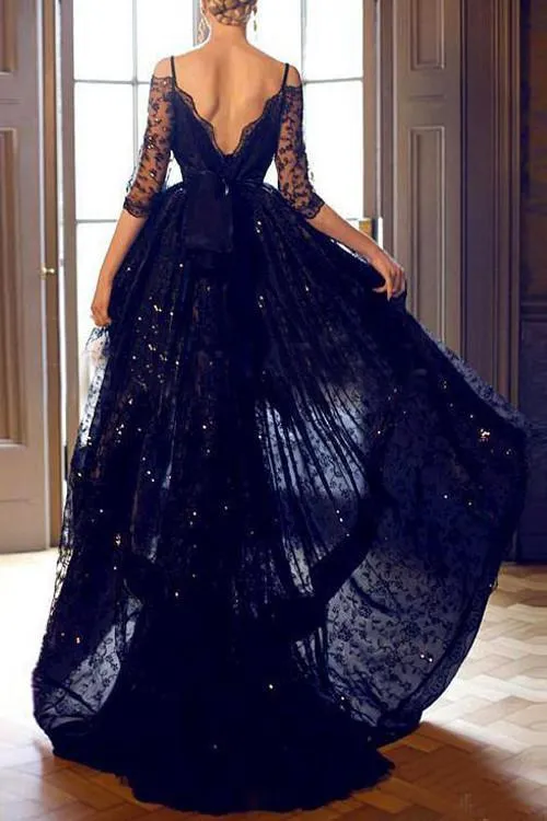 High-low Half Sleeves Black Prom Dress Evening Gown With Straps PG305