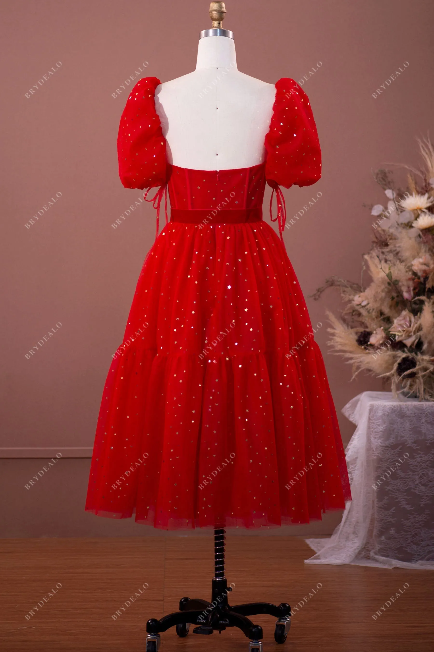 In Stock | Red Stars Bubble Sleeves Tea Length Prom Dress