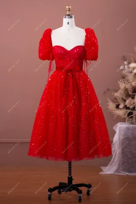 In Stock | Red Stars Bubble Sleeves Tea Length Prom Dress
