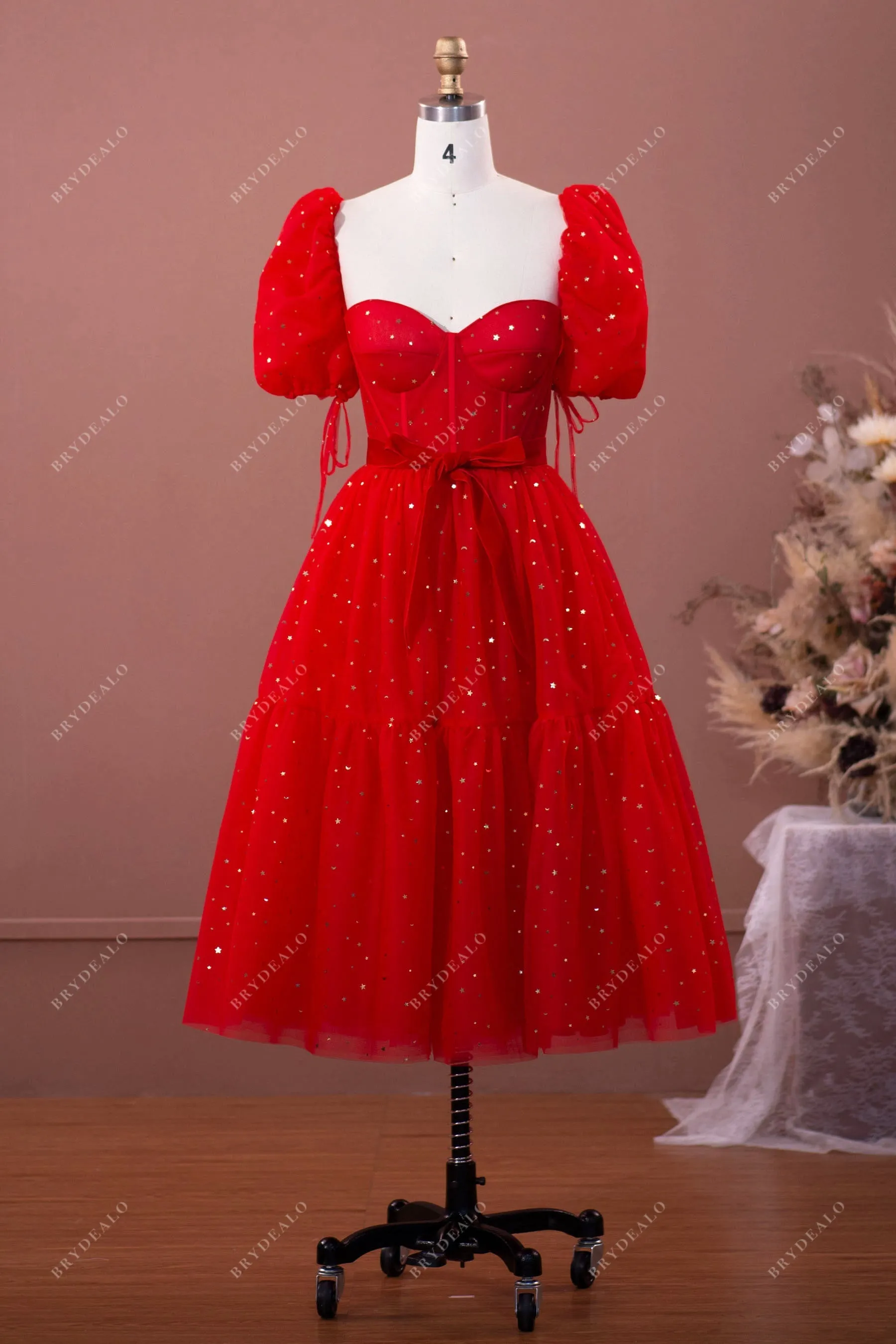 In Stock | Red Stars Bubble Sleeves Tea Length Prom Dress