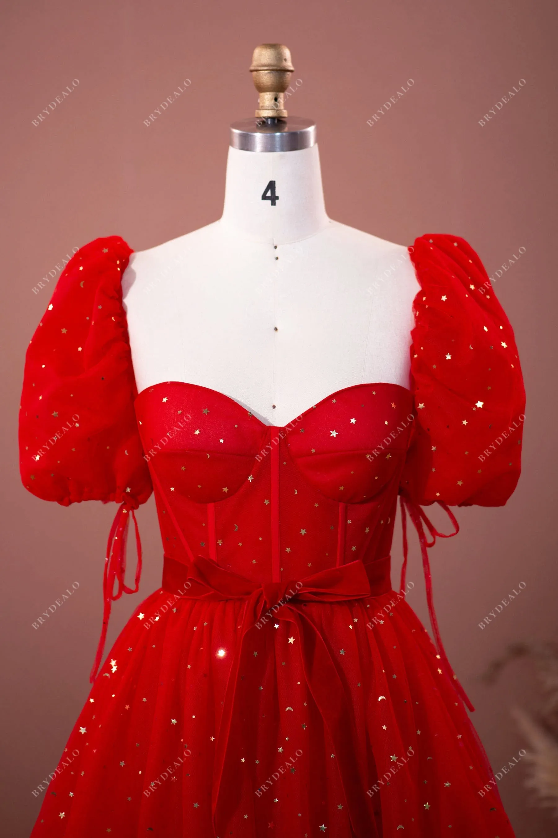 In Stock | Red Stars Bubble Sleeves Tea Length Prom Dress