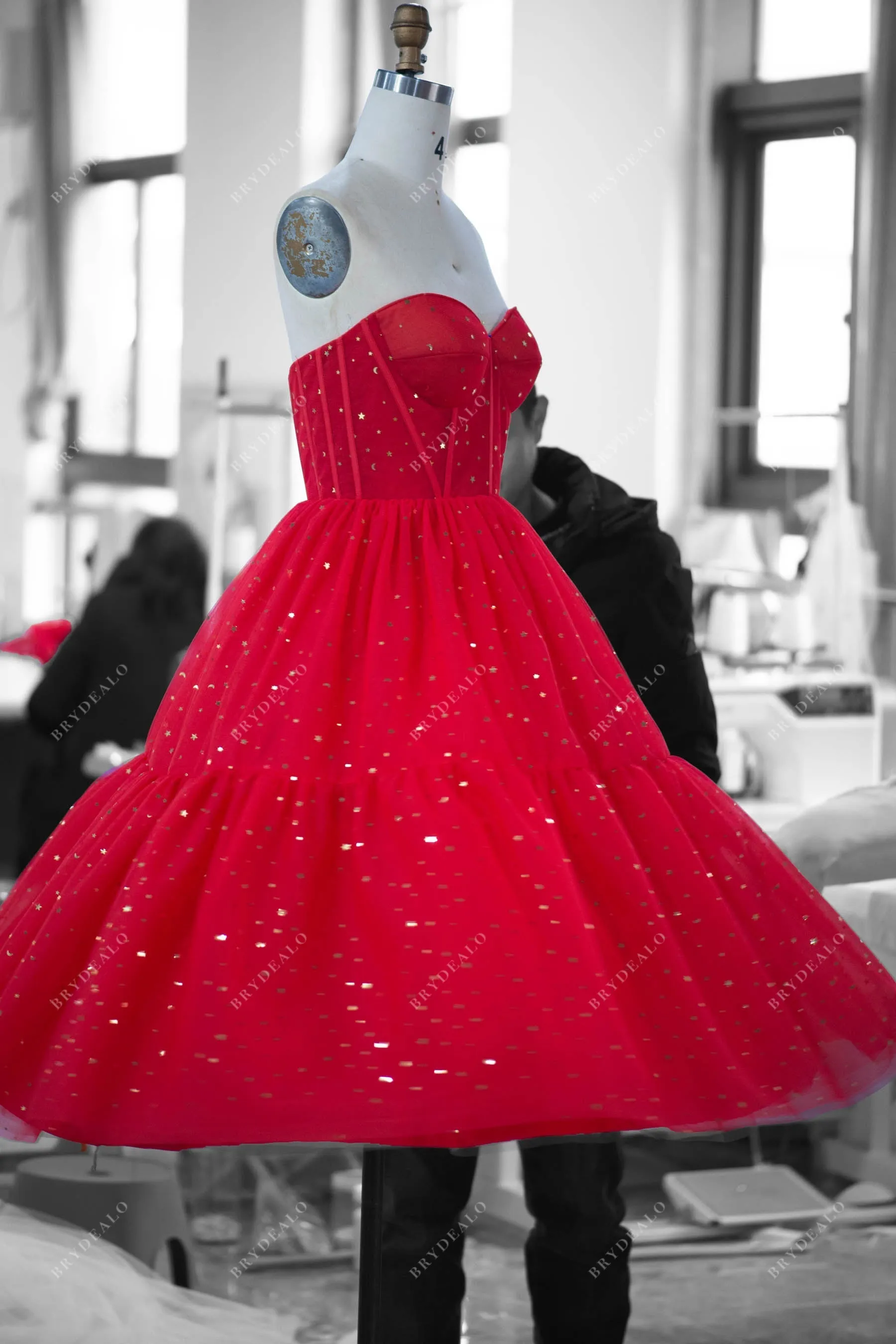 In Stock | Red Stars Bubble Sleeves Tea Length Prom Dress