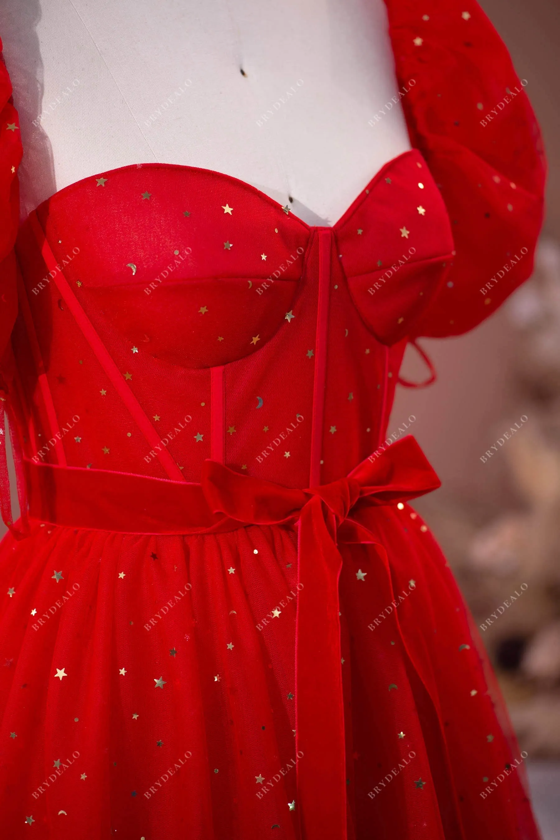 In Stock | Red Stars Bubble Sleeves Tea Length Prom Dress