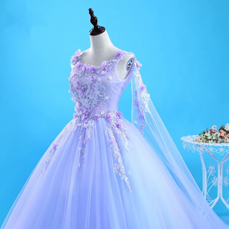 Lavender Flowers Round Neckline Party Dress, Sweet 16 Gown