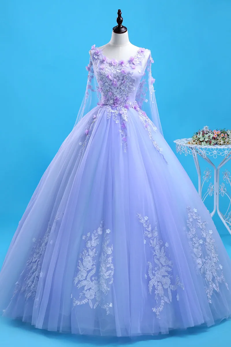 Lavender Flowers Round Neckline Party Dress, Sweet 16 Gown
