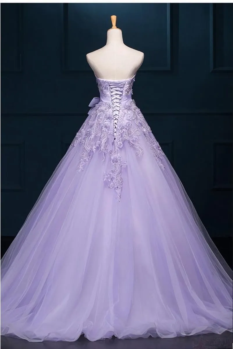Light Purple Tulle Long Sweet 16 Dress with Bow, Lace Applique Purple Prom Dress Party Dress