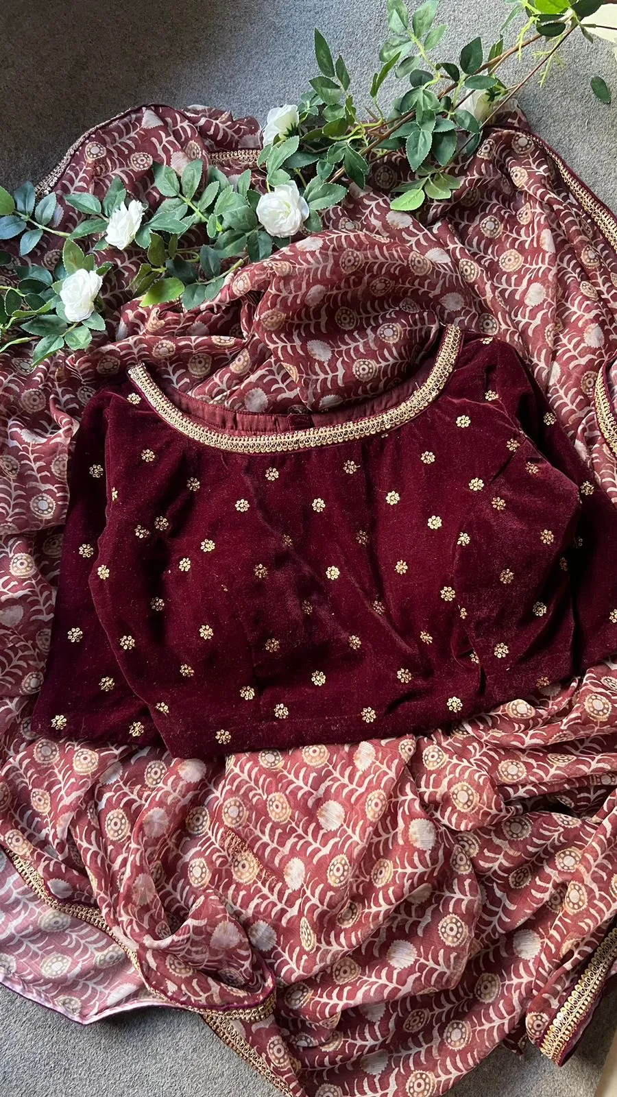 Maroon georgette saree with velvet hand work blouse