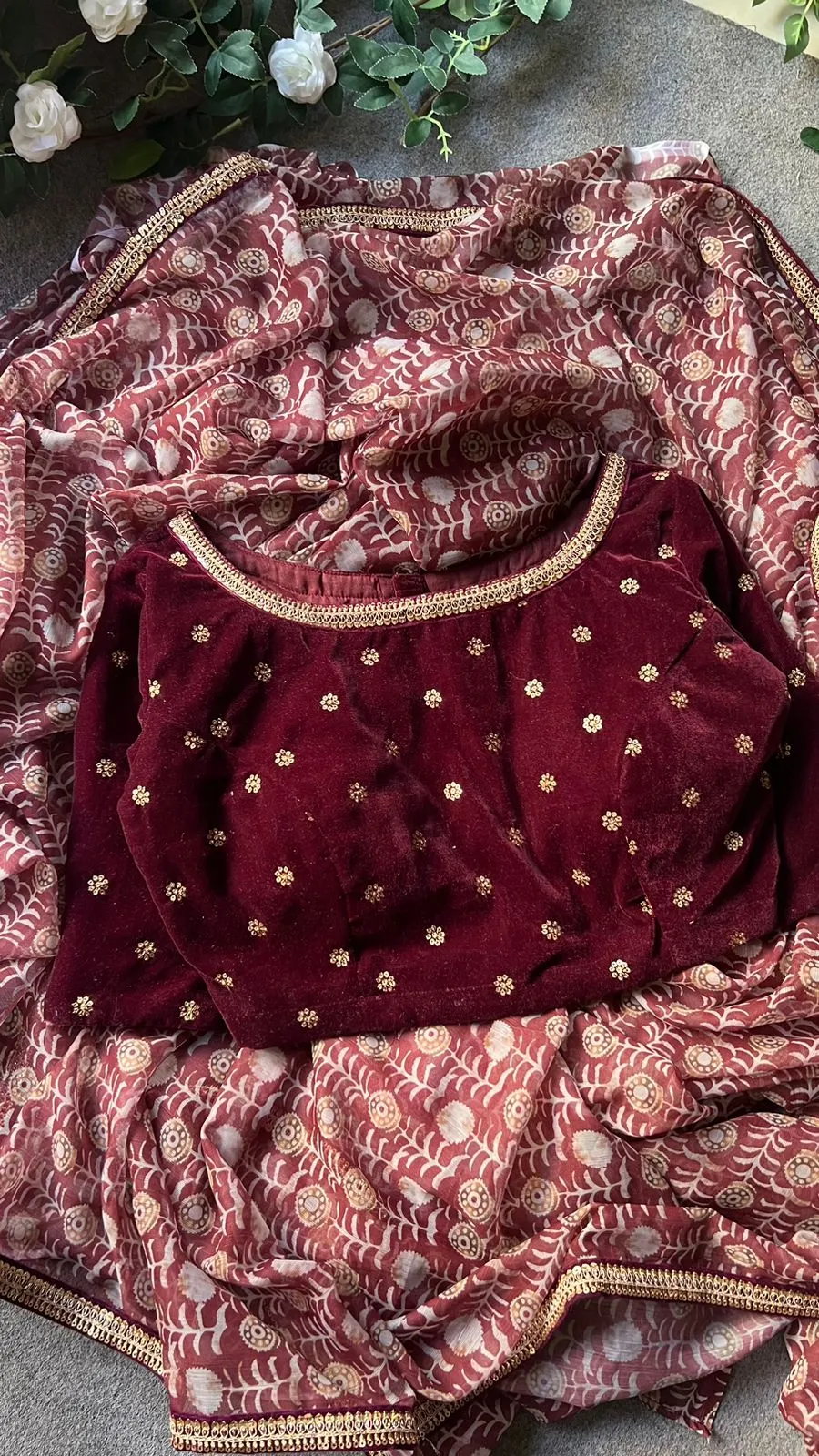 Maroon georgette saree with velvet hand work blouse