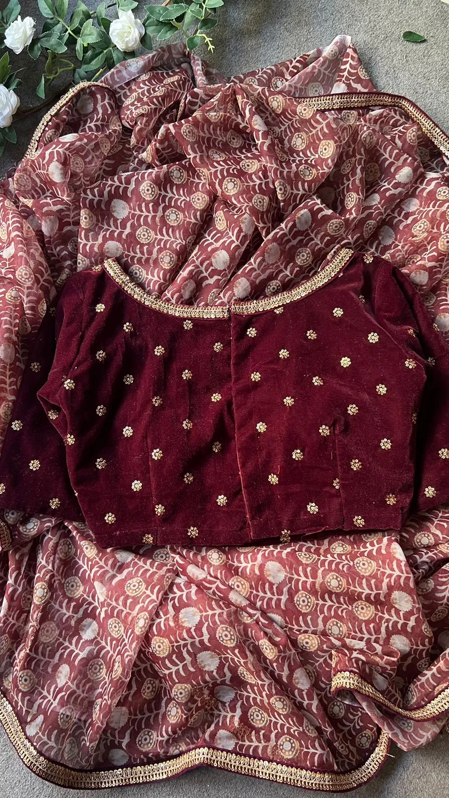 Maroon georgette saree with velvet hand work blouse