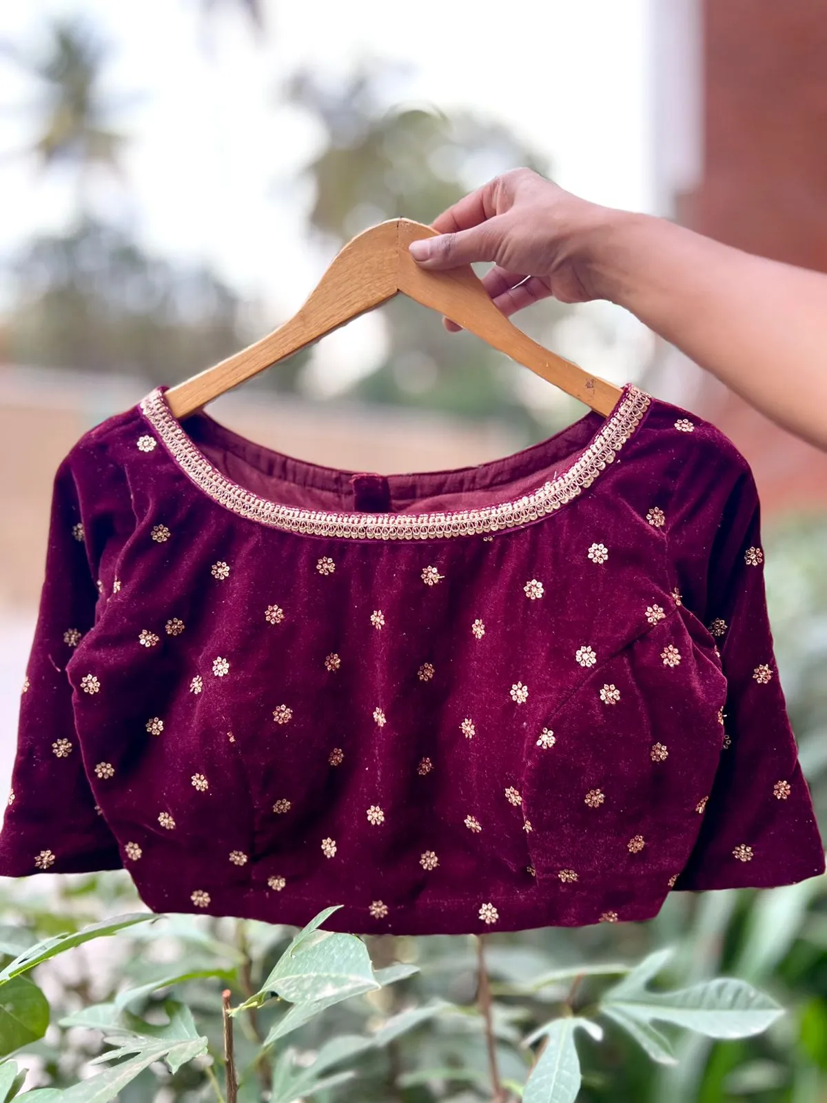 Maroon velvet embroidery blouse