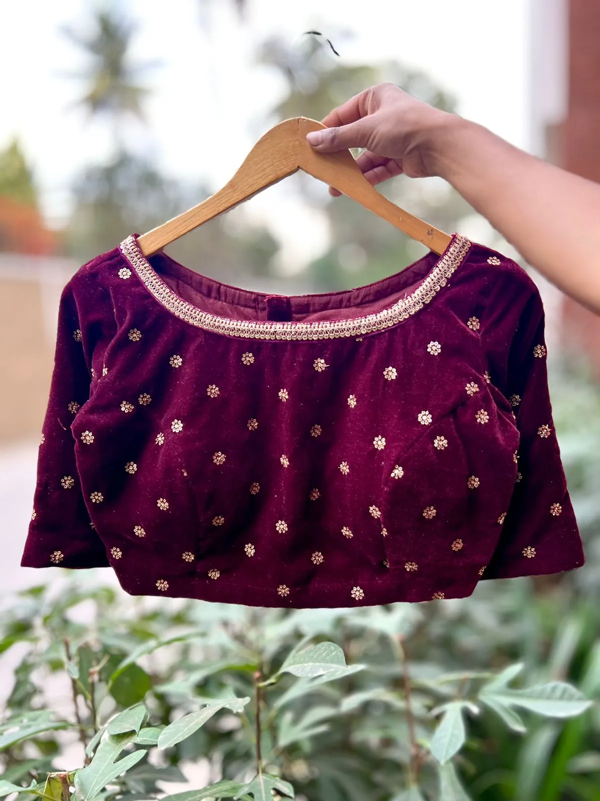 Maroon velvet embroidery blouse