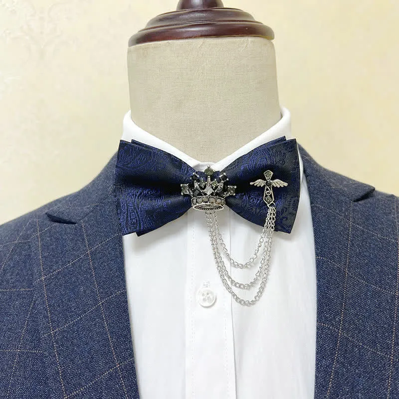 Men's Silver Metal Crown & Cross Chain Bow Tie
