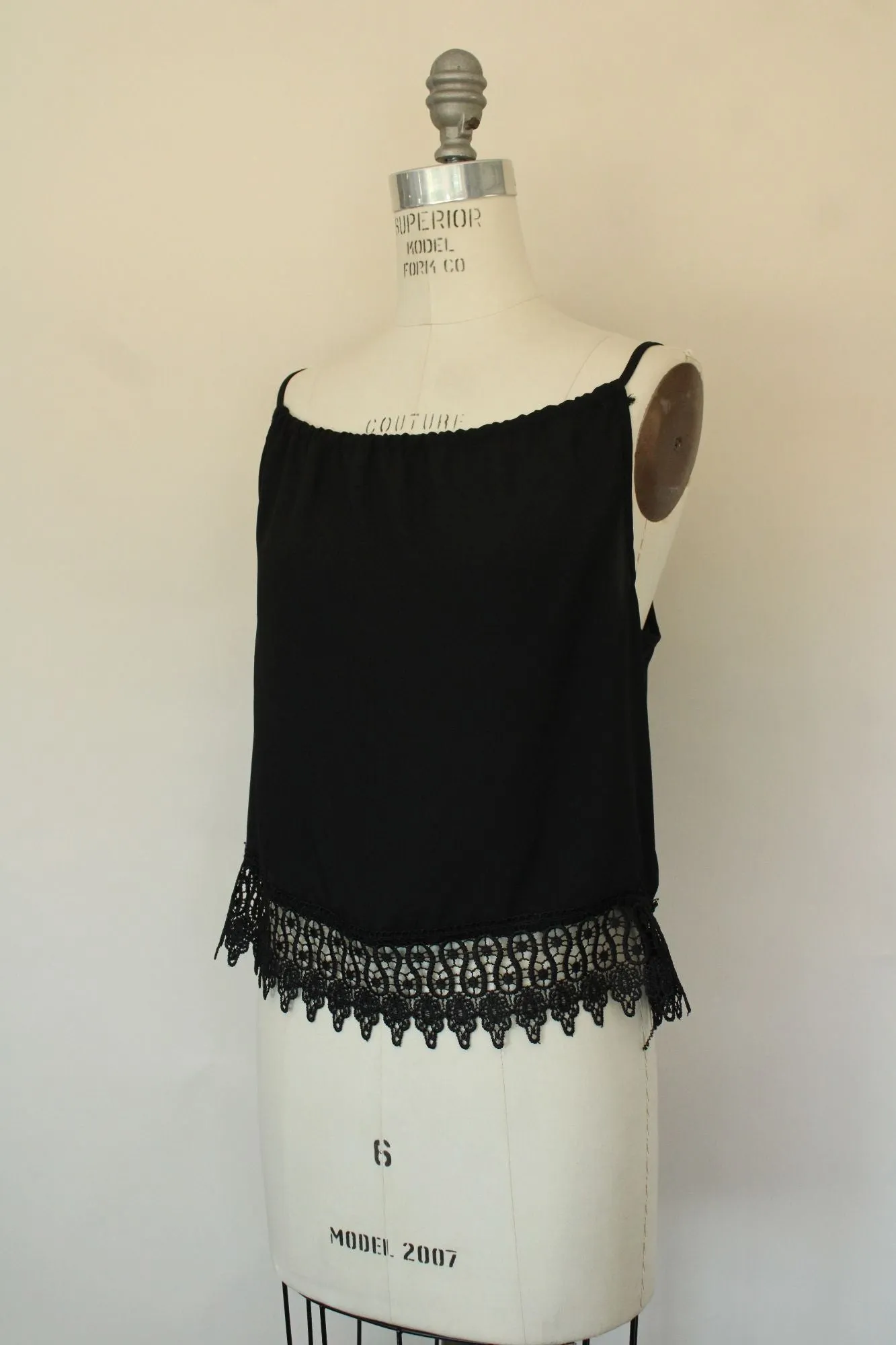 Oboe Womens Top, Black Spaghetti Strap, Size Large, Lace Trim