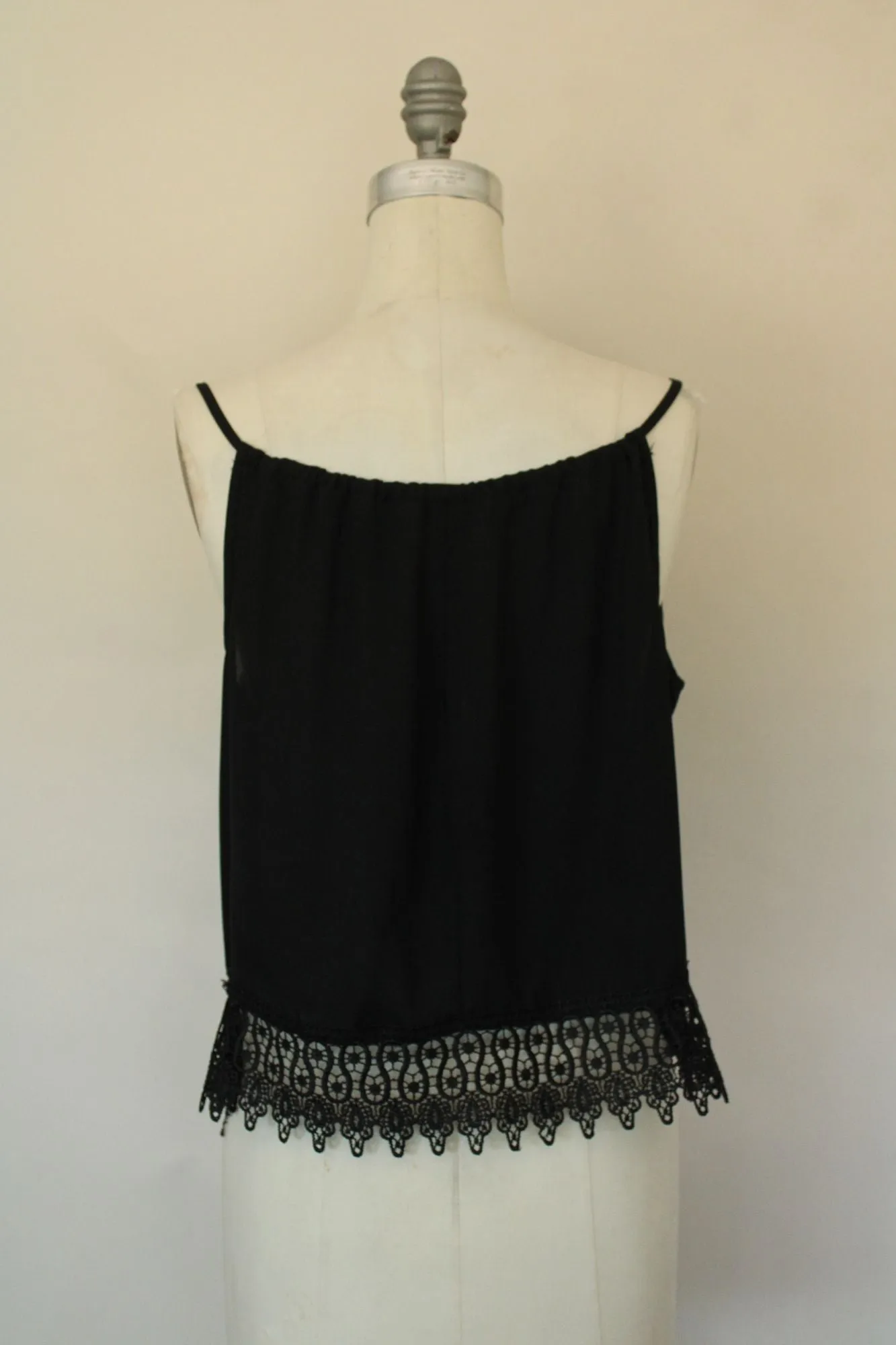 Oboe Womens Top, Black Spaghetti Strap, Size Large, Lace Trim