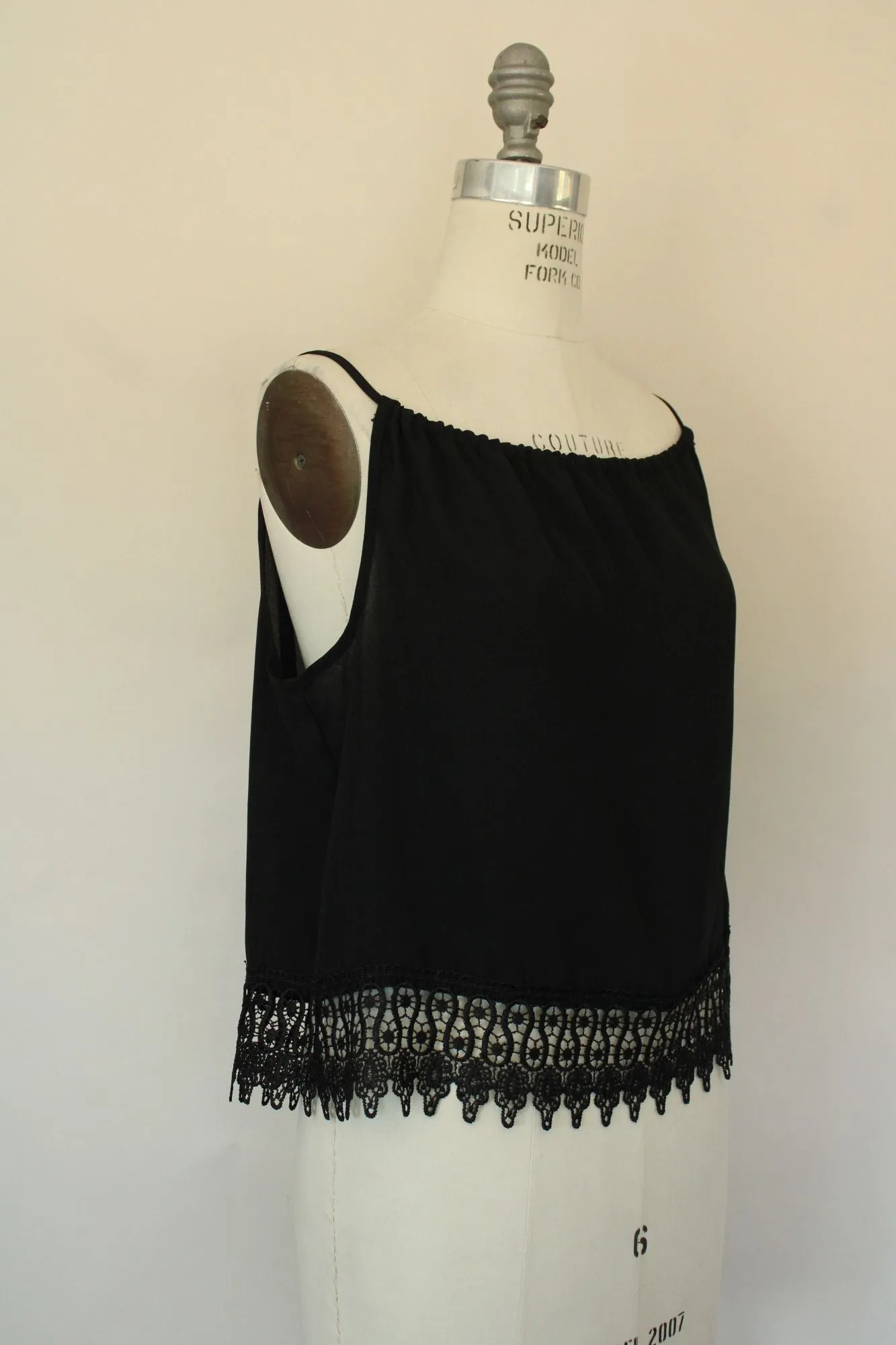 Oboe Womens Top, Black Spaghetti Strap, Size Large, Lace Trim
