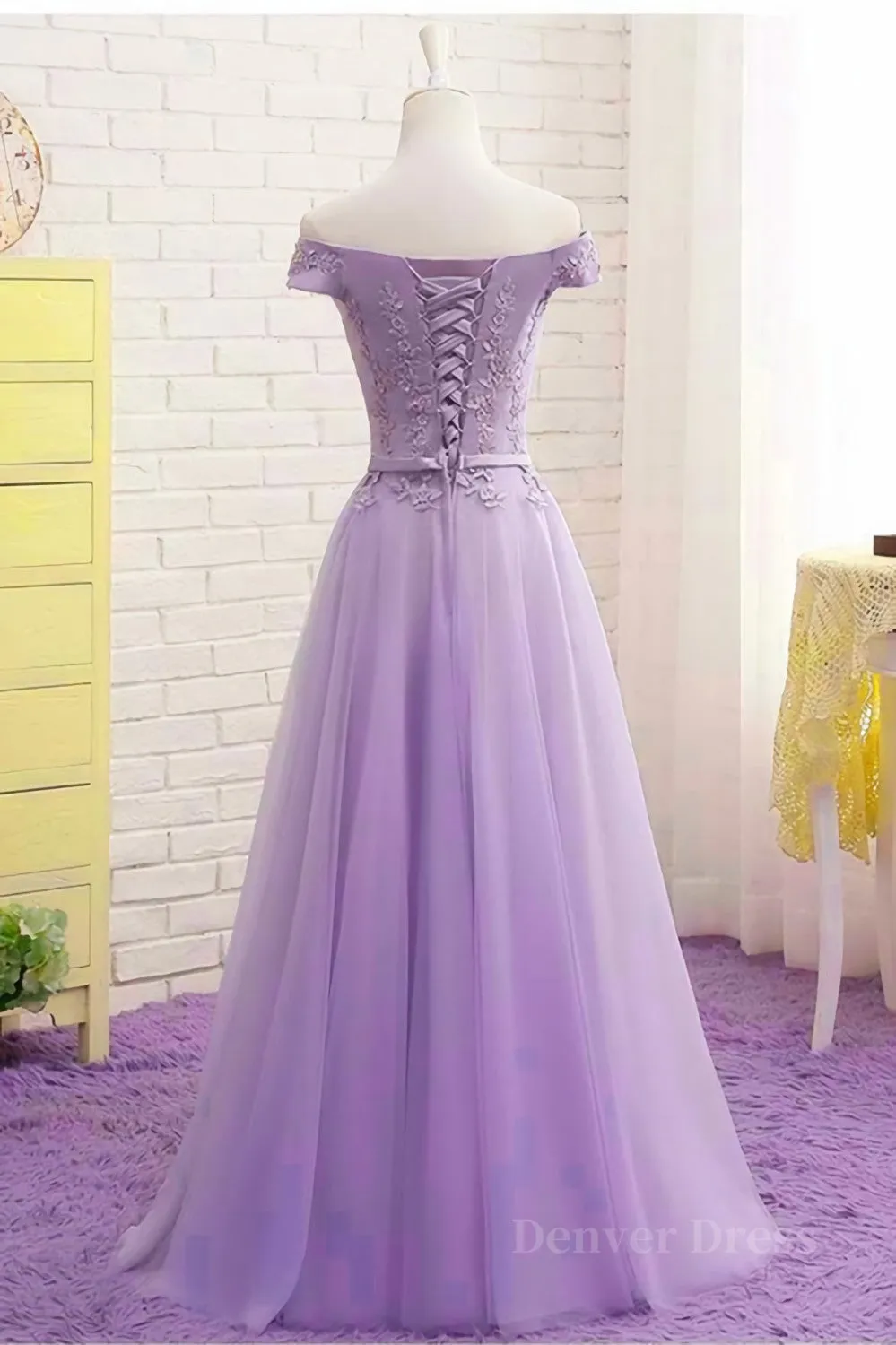 Off Shoulder Light Purple Lace Long Prom Dress Off the Shoulder Lilac Lace Formal Dress Purple Evening Dress