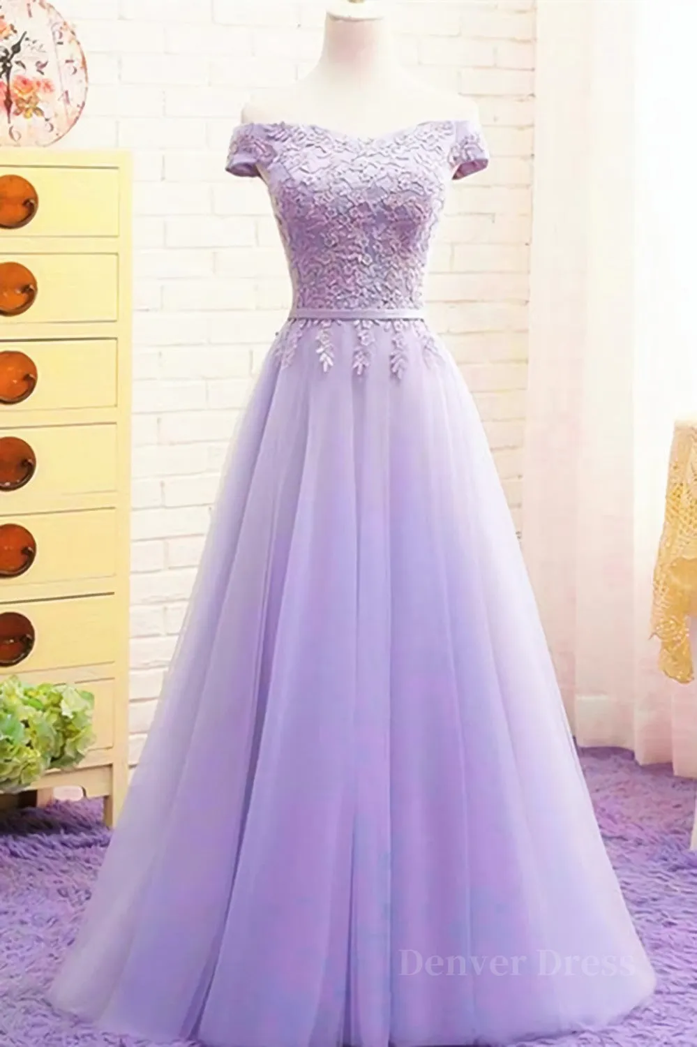 Off Shoulder Light Purple Lace Long Prom Dress Off the Shoulder Lilac Lace Formal Dress Purple Evening Dress