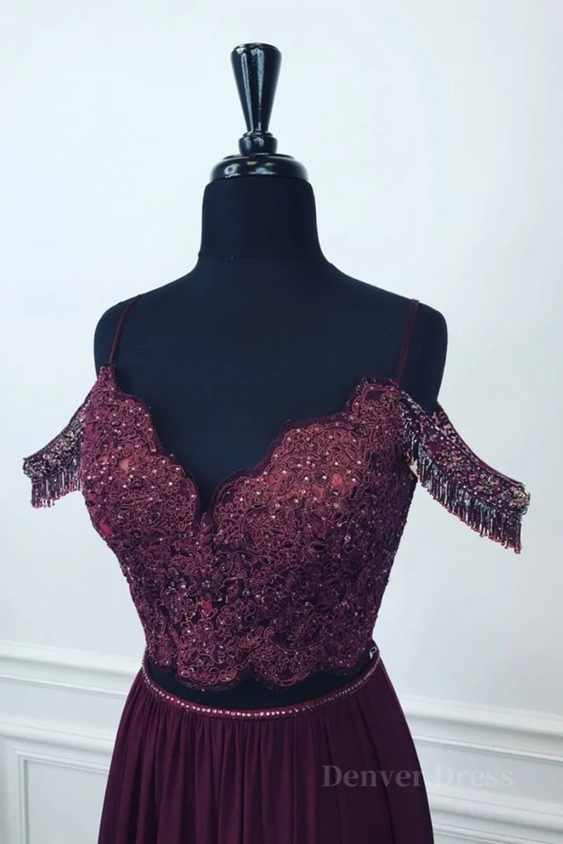 Off Shoulder Two Pieces Purple Lace Long Prom Dress 2 Pieces Purple Formal Dress Purple Lace Evening Dress