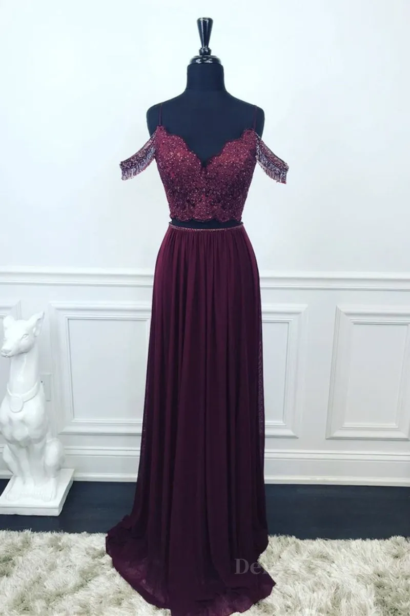 Off Shoulder Two Pieces Purple Lace Long Prom Dress 2 Pieces Purple Formal Dress Purple Lace Evening Dress