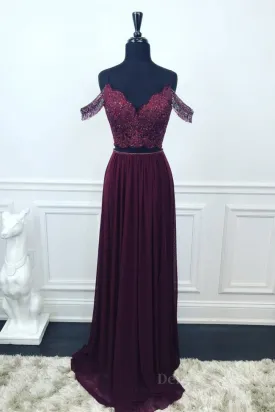 Off Shoulder Two Pieces Purple Lace Long Prom Dress 2 Pieces Purple Formal Dress Purple Lace Evening Dress