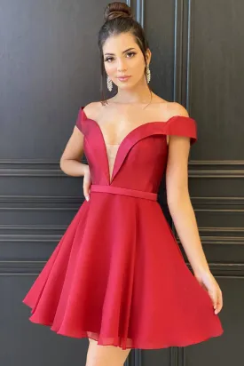 Off Shoulder V Neck Red Short Prom Dress, Off the Shoulder Red Homecoming Dress, Short Red Formal Evening Dress A1654