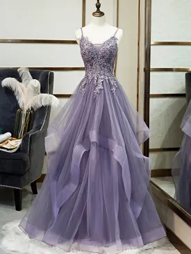 Purple Spaghetti Straps Lace Prom Dress Lovely Tulle Corset Floor Length Evening Dress