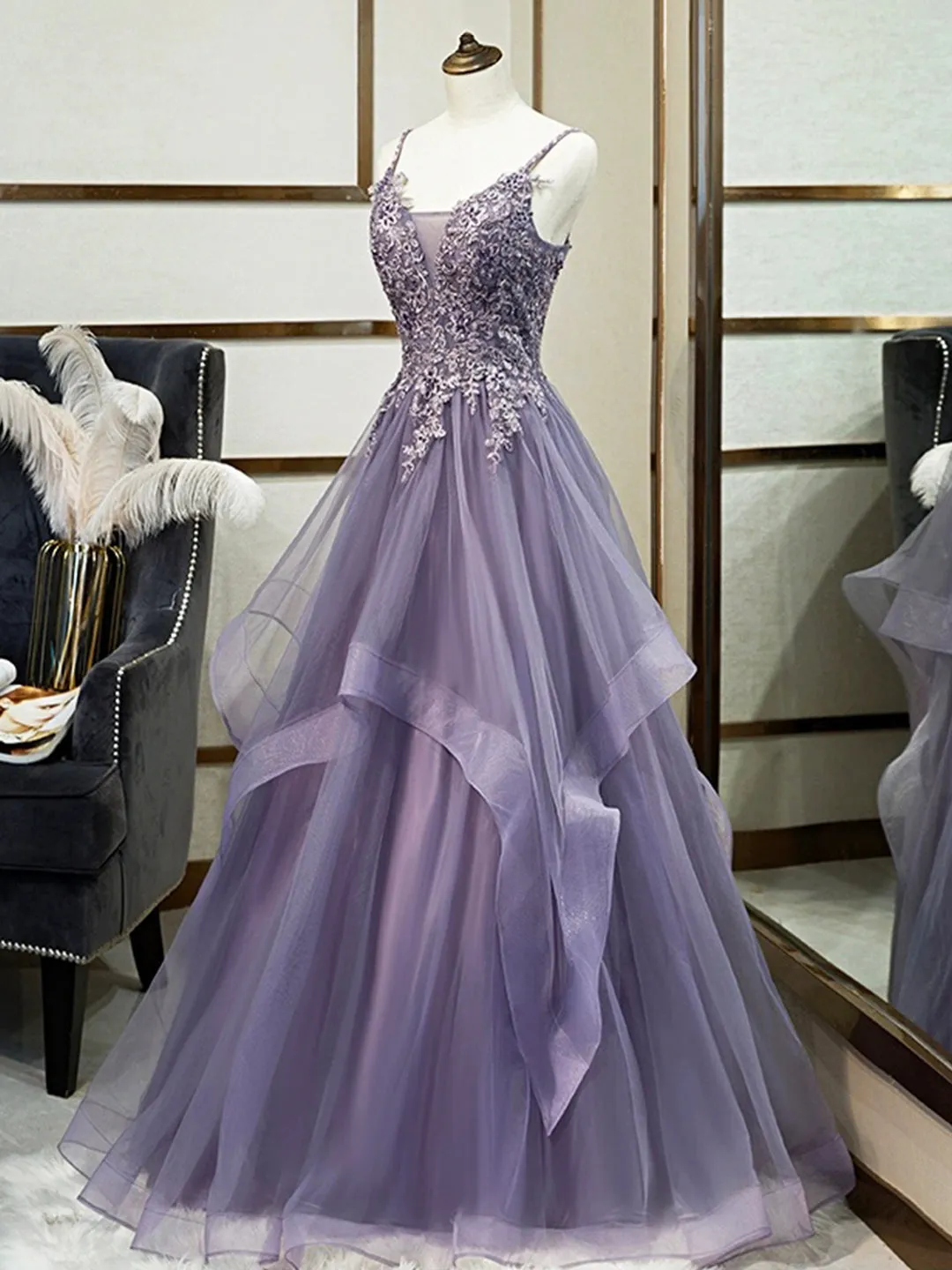 Purple Spaghetti Straps Lace Prom Dress Lovely Tulle Corset Floor Length Evening Dress