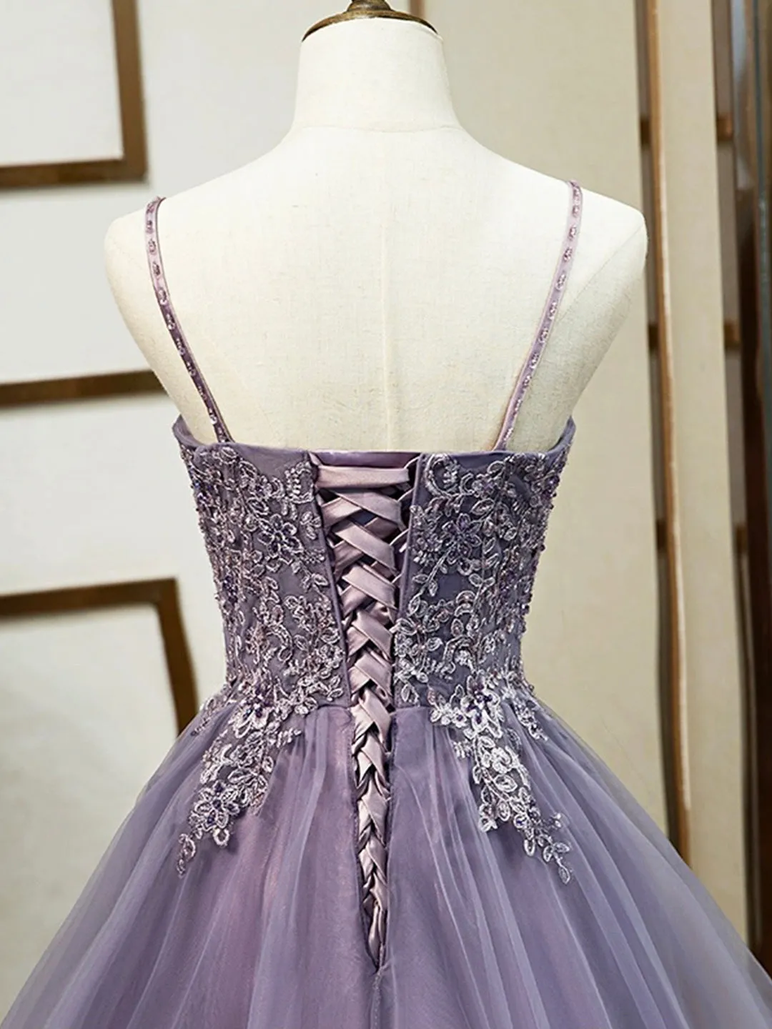 Purple Spaghetti Straps Lace Prom Dress Lovely Tulle Corset Floor Length Evening Dress