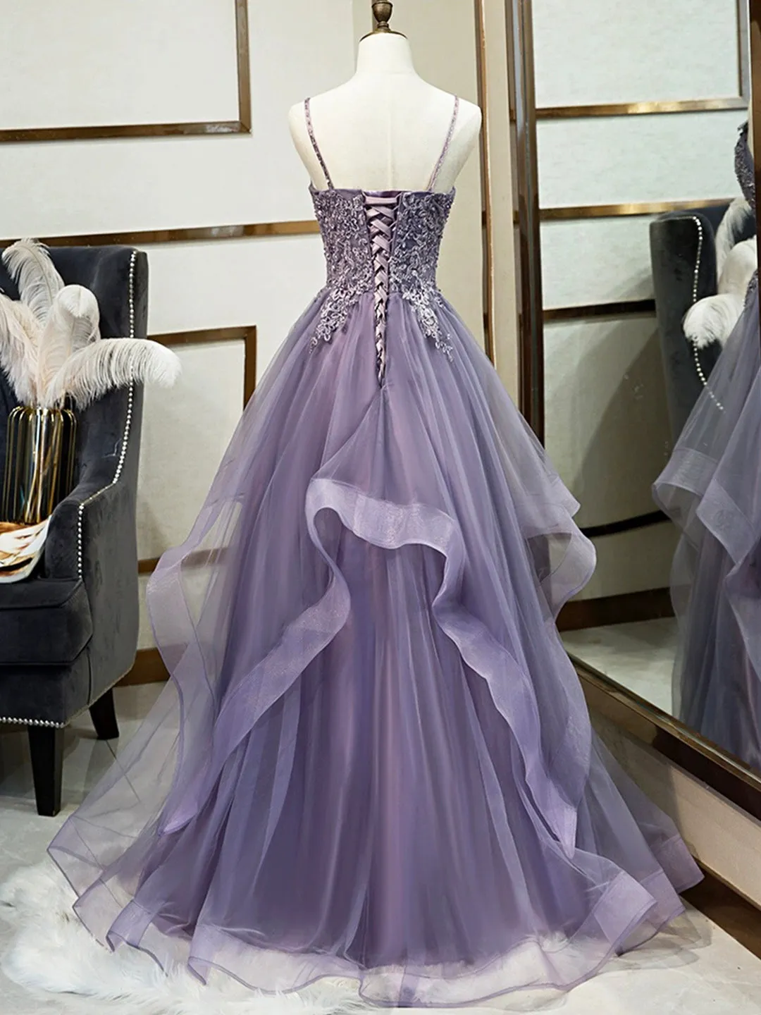 Purple Spaghetti Straps Lace Prom Dress Lovely Tulle Corset Floor Length Evening Dress
