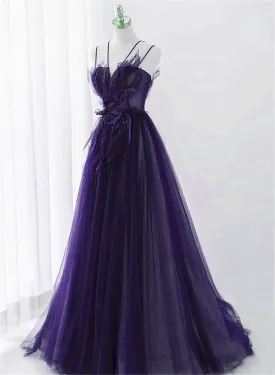 Purple Tulle with Lace Applique Long Prom Dress, Purple Long Formal Dress