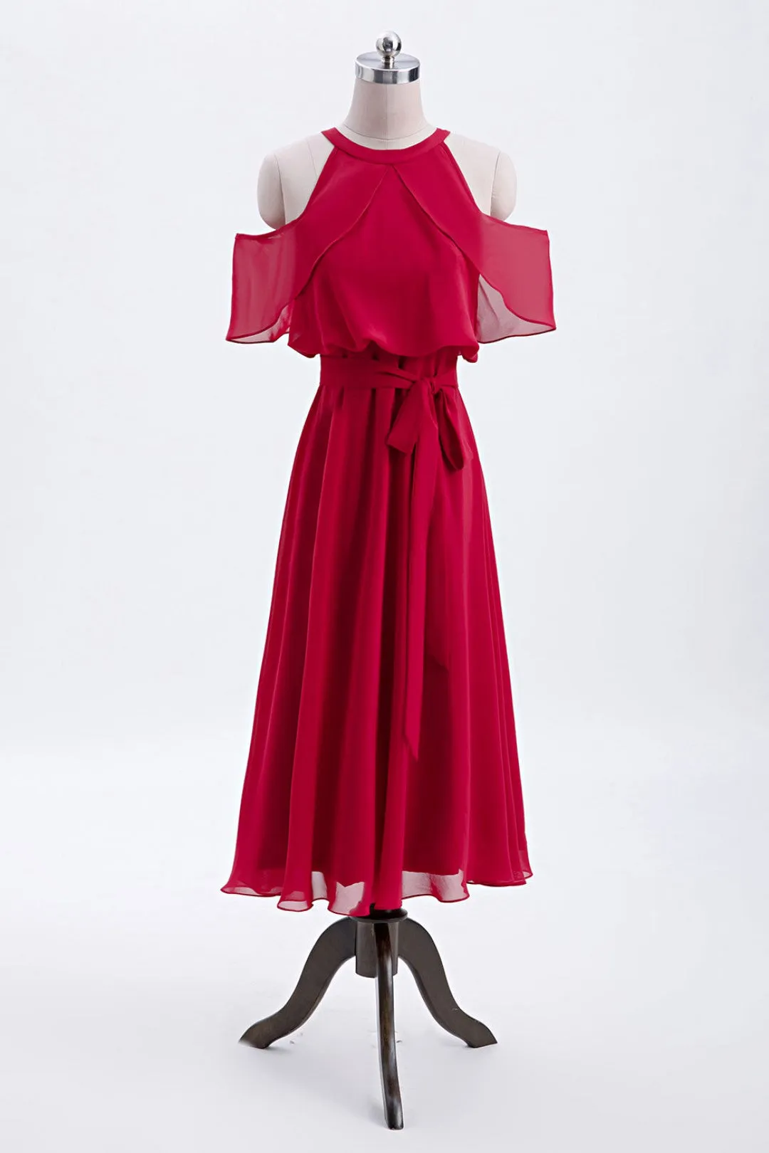 Red Chiffon Cold Sleeves Short Ruffles Bridesmaid Dress