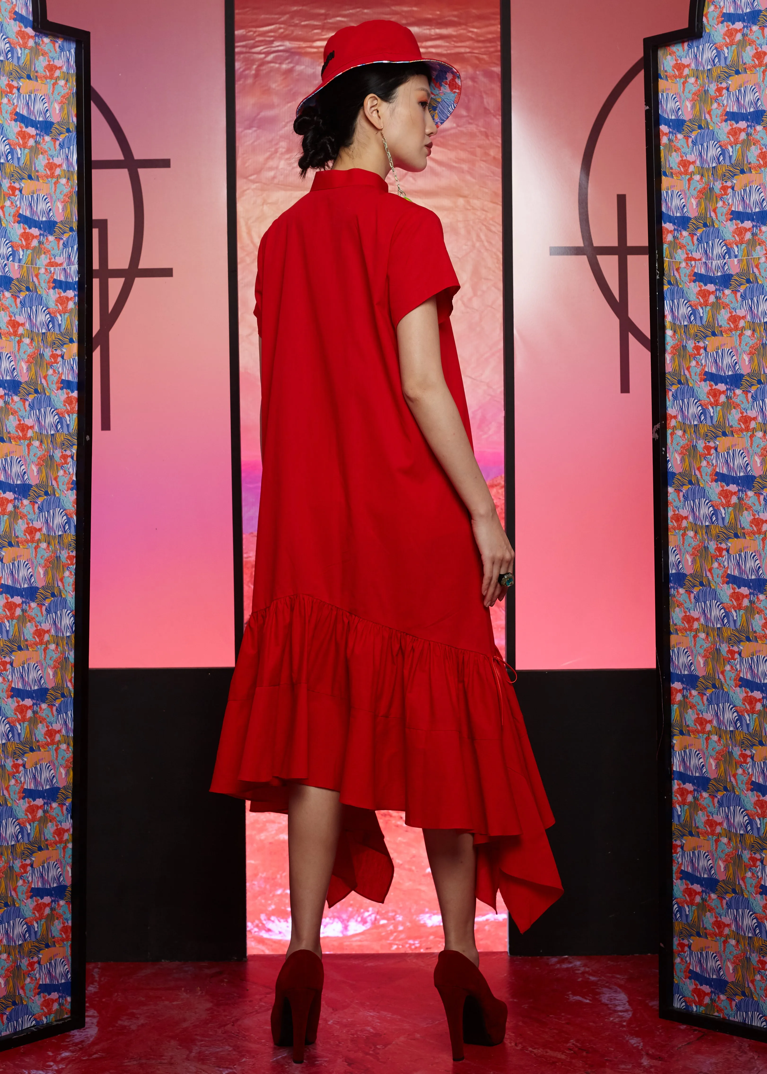 RED COTTON - SHIRT DRESS WITH 2 TIER GATHERED HEM - RED