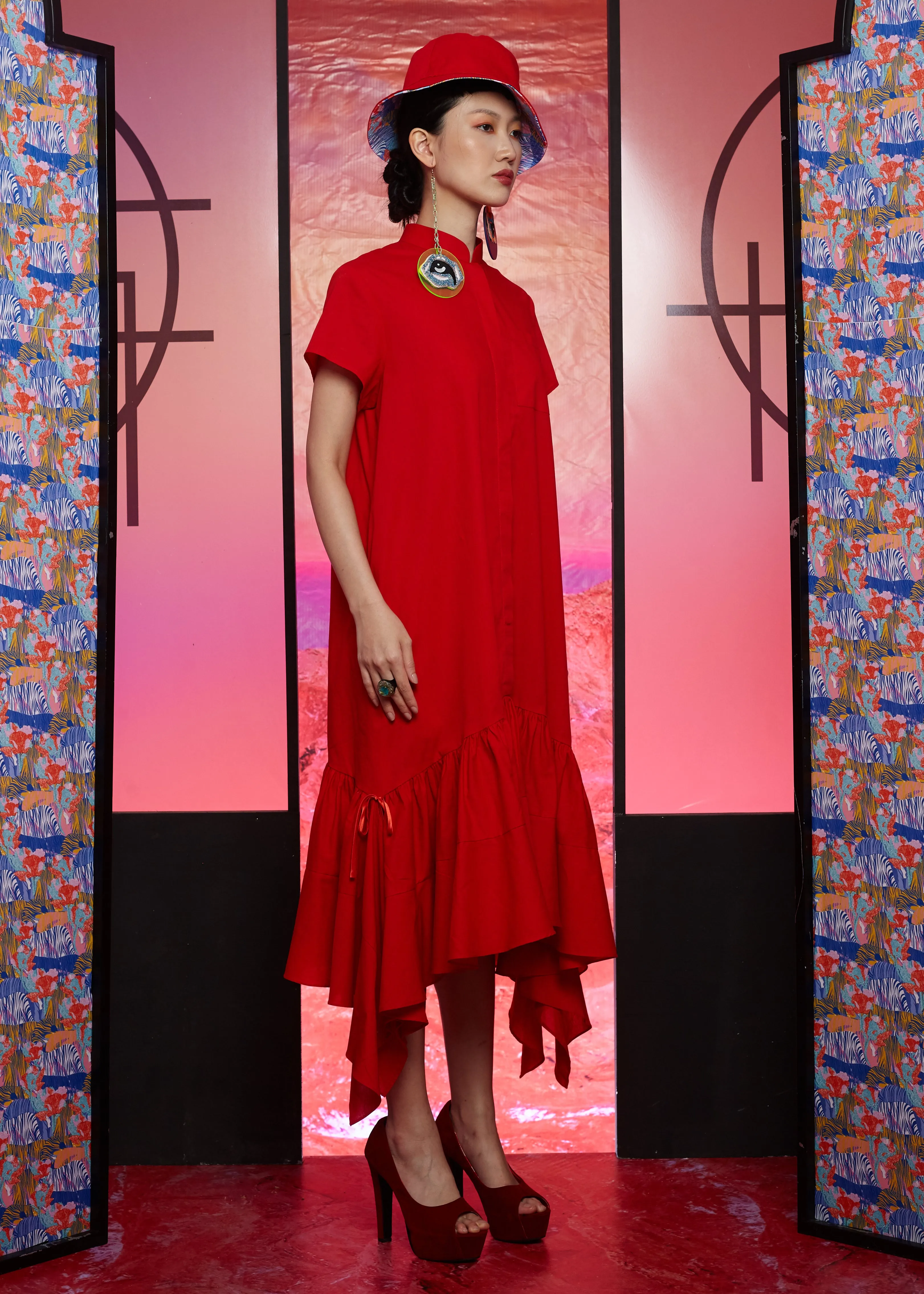 RED COTTON - SHIRT DRESS WITH 2 TIER GATHERED HEM - RED