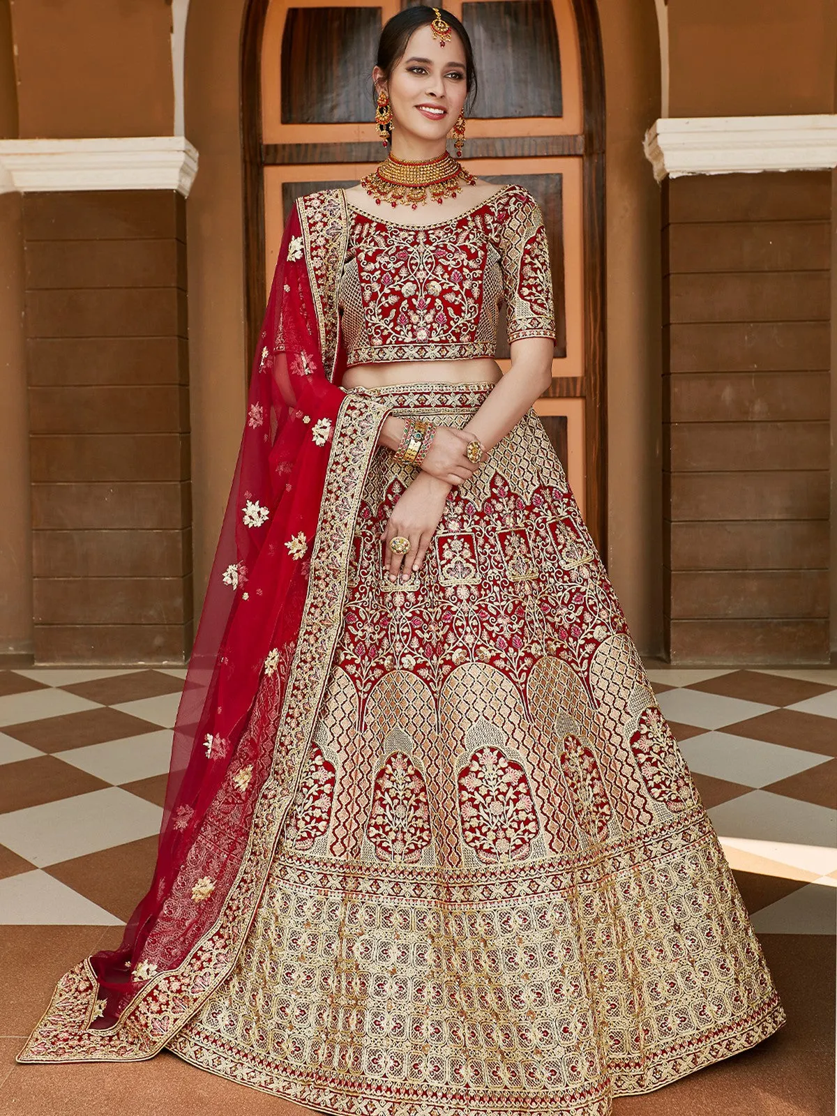 Red Elegant Semi Stitched Lehenga With  Unstitched Blouse