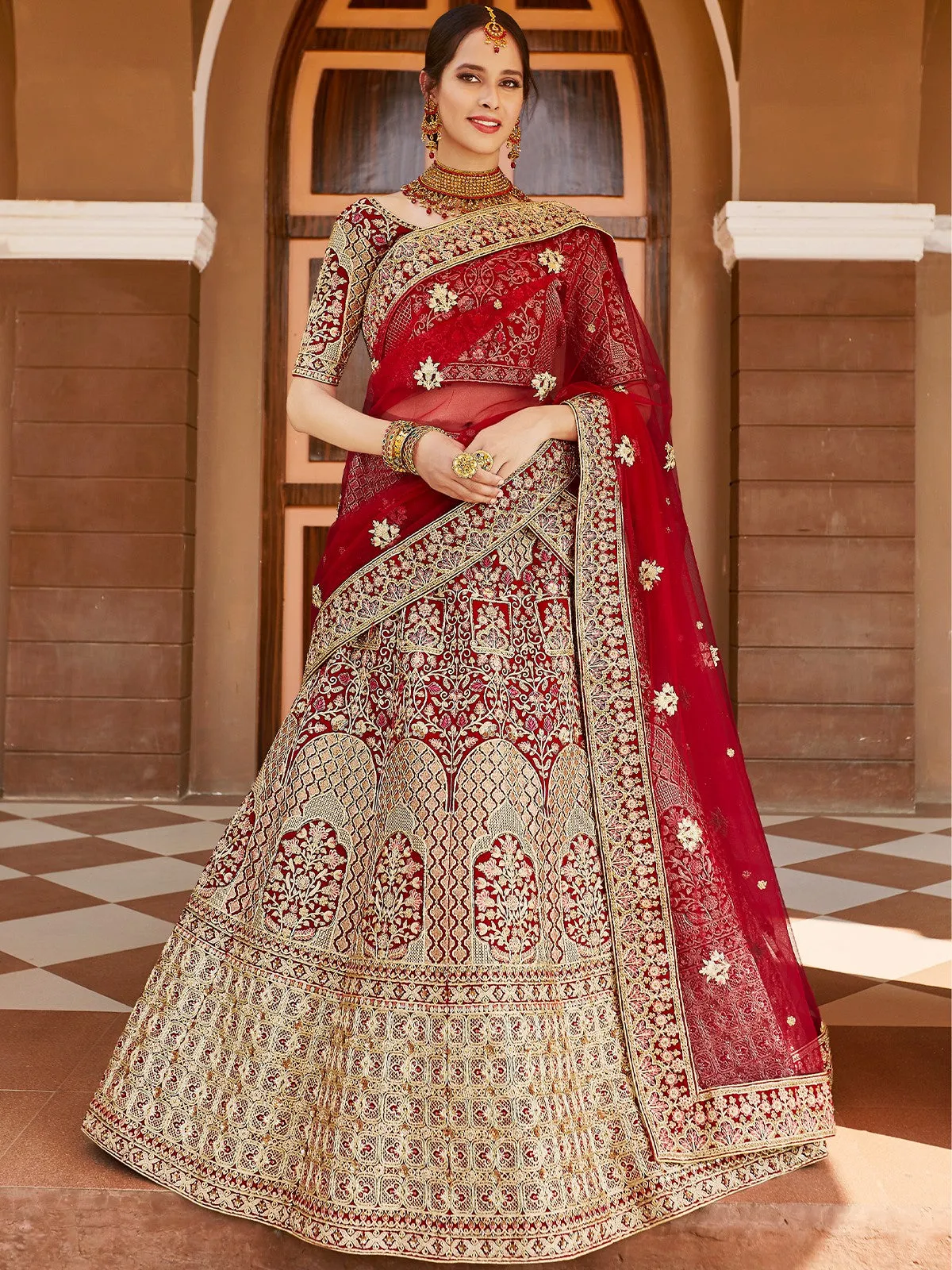 Red Elegant Semi Stitched Lehenga With  Unstitched Blouse